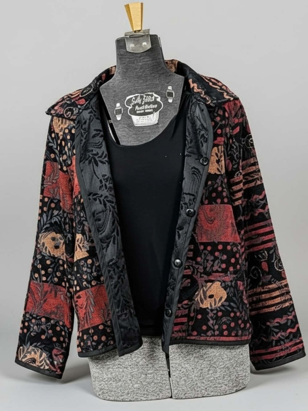 EUC-VTG Y2K Coldwater Creek Reversible Tapestry Art-2-Wear Jacket Earthy/Black L